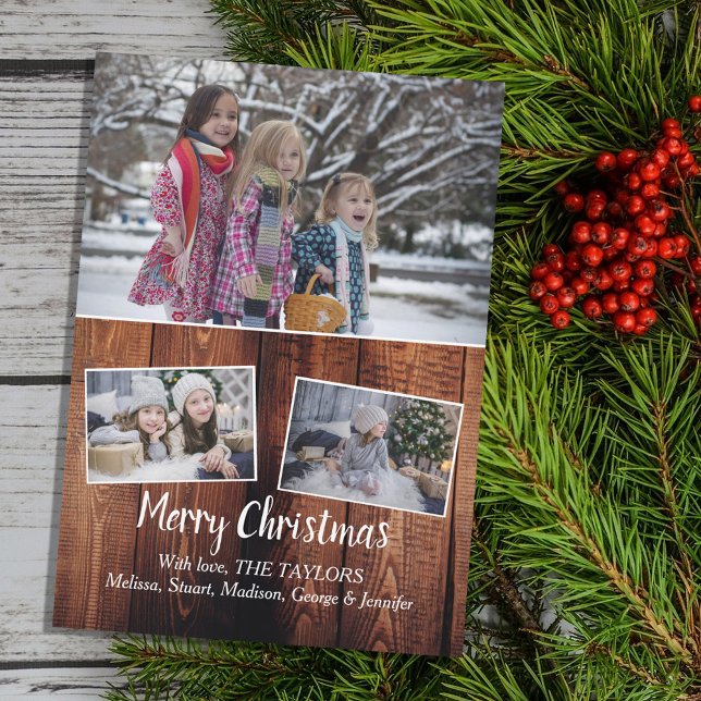 Cartes Pour Fêtes Annuelles Photo de famille collage grange bois Joyeux Noël (Your own photo collage on rustic barn wood Merry Christmas card. Unique Holiday card.)