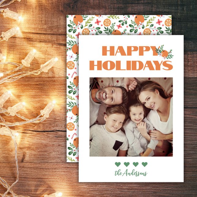Cartes Pour Fêtes Annuelles Photo de famille de Noël orange moderne (Christmas Orange Green Modern Family Photo Happy Holiday Card)