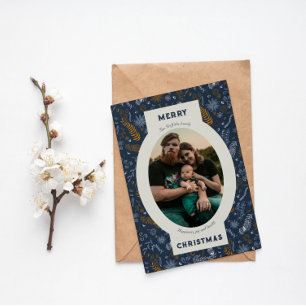 Cartes Pour Fêtes Annuelles Photo de famille en doodle bleu à fleurs