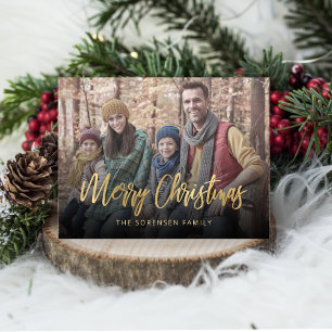 Cartes Pour Fêtes Annuelles Photo de famille Joyeux Noël Gold Script Beige Hol