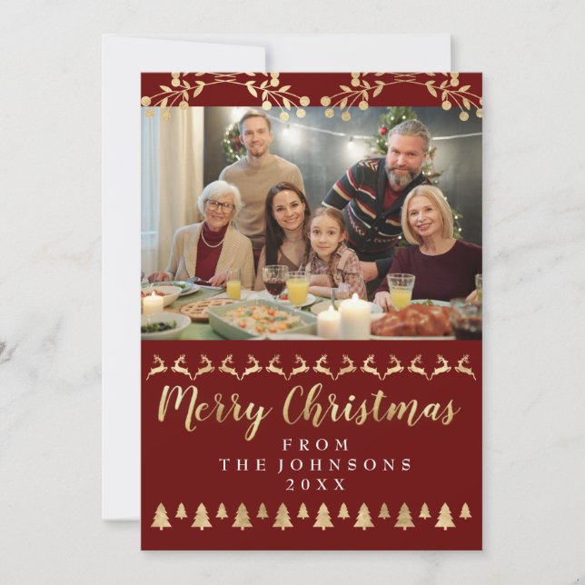 Cartes Pour Fêtes Annuelles Photo de famille Joyeux Noël Golden Script Burgund (Devant)