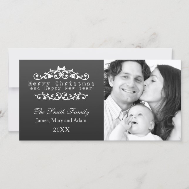 Cartes Pour Fêtes Annuelles Photo de famille Joyeux Noël Ornemental Noir (Devant)