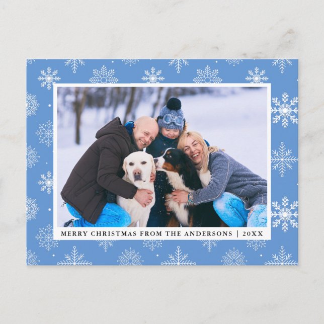 Cartes Pour Fêtes Annuelles Photo de famille Joyeux Noël Snowflakes Bleu (Devant)