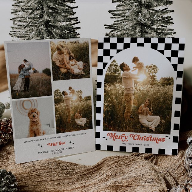 Cartes Pour Fêtes Annuelles Photo de famille Retro À damiers Arch (Retro Arch Family Photo Christmas Card)