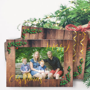 Cartes Pour Fêtes Annuelles Photo de famille Rustic Wood Xmas