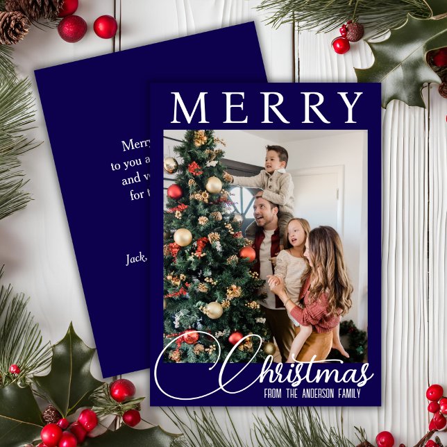 Cartes Pour Fêtes Annuelles Photo de famille traditionnelle bleue et blanche N (Traditional Blue And White Family Photo Christmas Holiday Card)