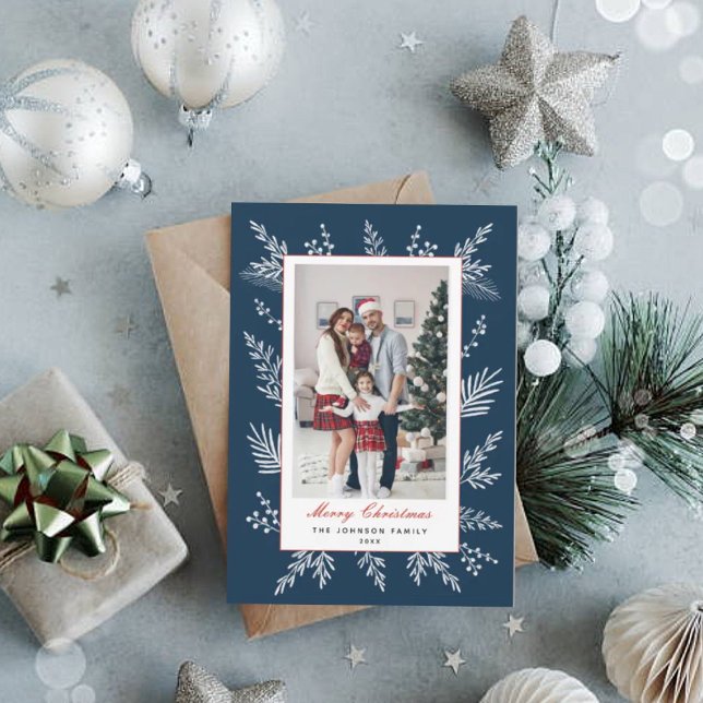 Cartes Pour Fêtes Annuelles Photo de feuillage d'hiver bleu foncé et blanc (Créateur téléchargé)