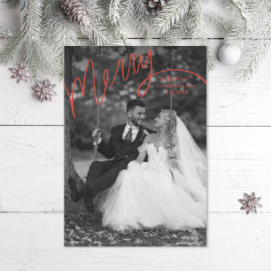 Cartes Pour Fêtes Annuelles Photo de mariage avec lettrage main joyeuse rouge