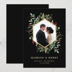 Cartes Pour Fêtes Annuelles Photo de mariage et de joie géométrique à feuillag