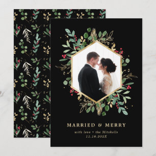 Cartes Pour Fêtes Annuelles Photo de mariage géométrique à la verdure dorée et