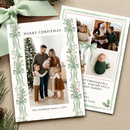 Cartes Pour Fêtes Annuelles Photo de Noël avec ruban vert sauge et houx