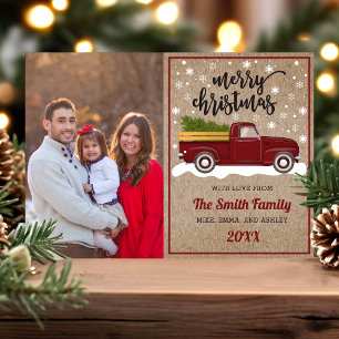 Cartes Pour Fêtes Annuelles Photo de Noël avec un camion rouge vintage et un a