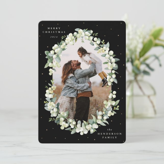 Cartes Pour Fêtes Annuelles Photo de Noël Black Snowberry+Eucalyptus (Debout devant)