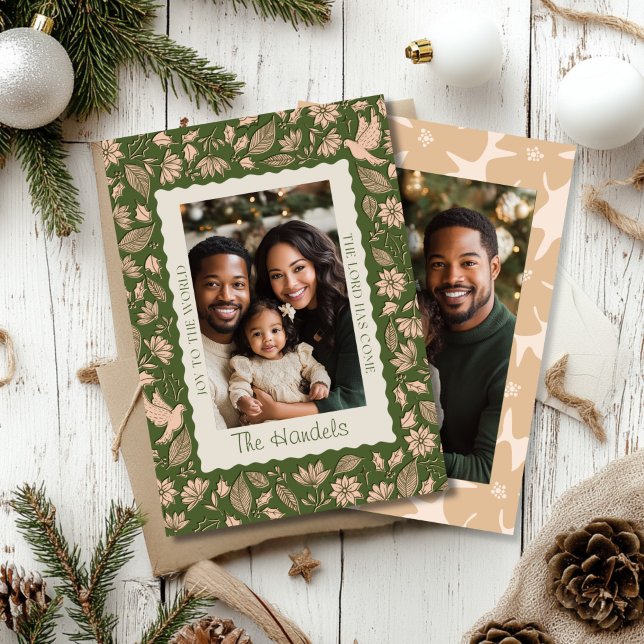 Cartes Pour Fêtes Annuelles Photo de Noël d'art populaire vert et beige (Green and Beige Folk Art Christmas Greeting Card)