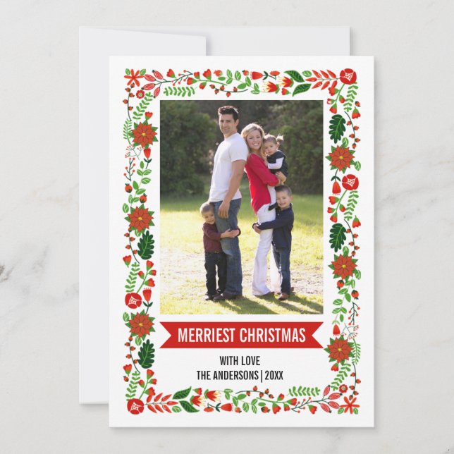 Cartes Pour Fêtes Annuelles Photo de Noël de la frontière moderne poinsettia (Devant)