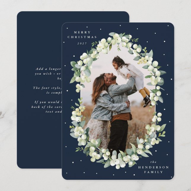 Cartes Pour Fêtes Annuelles Photo de Noël de la Marine Snowberry+Eucalyptus (Devant / Derrière)