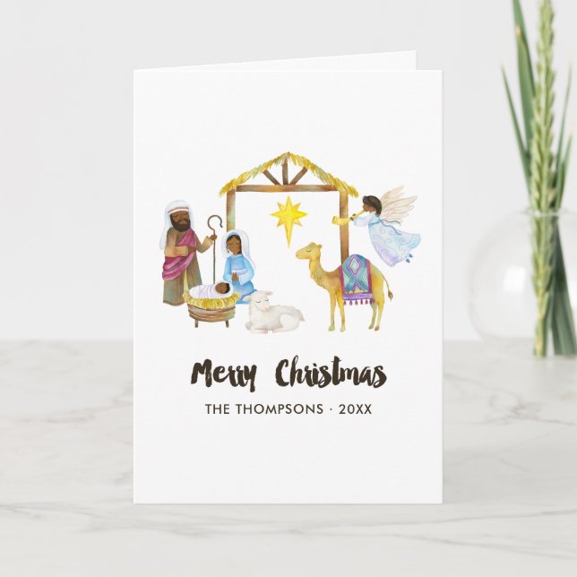 Cartes Pour Fêtes Annuelles Photo de Noël de la Nativité aquarelle (Devant)
