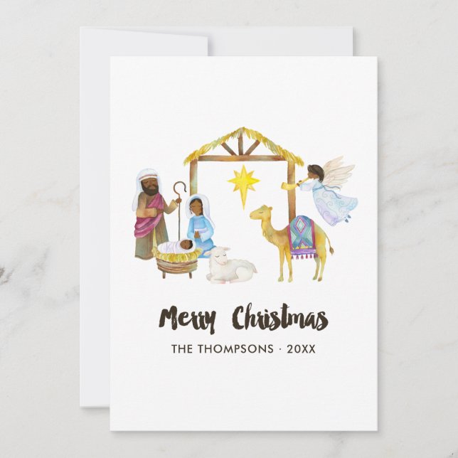 Cartes Pour Fêtes Annuelles Photo de Noël de la Nativité aquarelle (Devant)