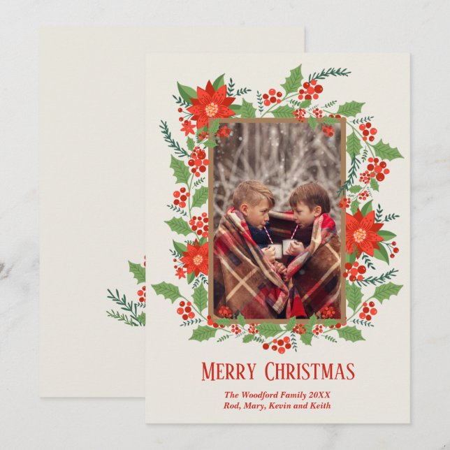 Cartes Pour Fêtes Annuelles Photo de Noël de la végétation de Poinsettia (Devant / Derrière)