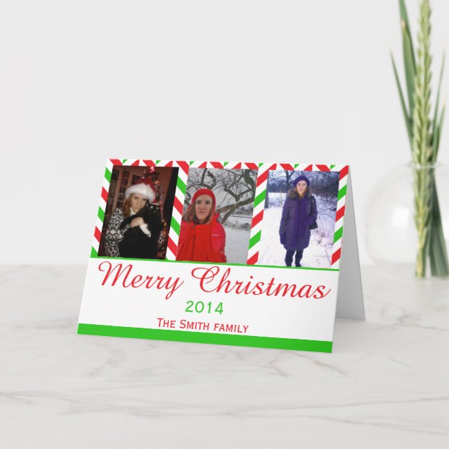 Cartes Pour Fêtes Annuelles Photo de Noël de Red Herringbone Green (Devant)