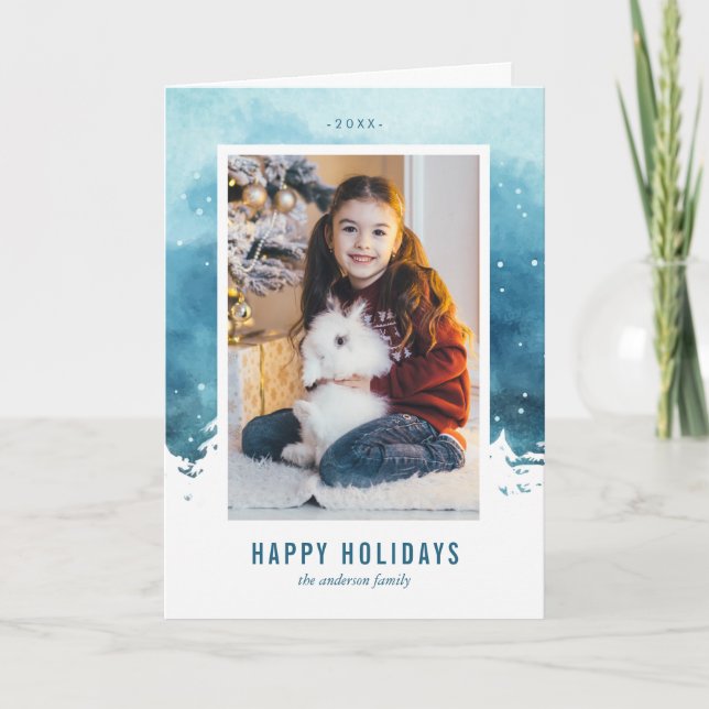 Cartes Pour Fêtes Annuelles Photo de Noël de scène d'hiver d'aquarelle (Devant)