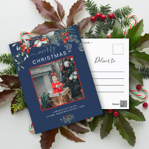 Cartes Pour Fêtes Annuelles Photo de Noël de verdure Aquarelle bleu marine