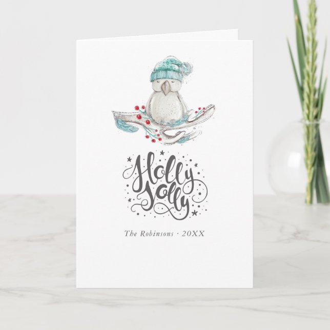 Cartes Pour Fêtes Annuelles Photo de Noël d'oiseau d'hiver à l'aquarelle (Devant)