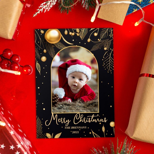 Cartes Pour Fêtes Annuelles Photo de Noël Élégant Noir Et Or (Christmas Photo Black And Gold Elegant Holiday Card)