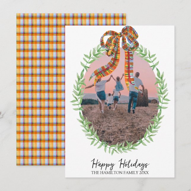 Cartes Pour Fêtes Annuelles Photo de Noël En vichy Coquette Wreath (Devant / Derrière)