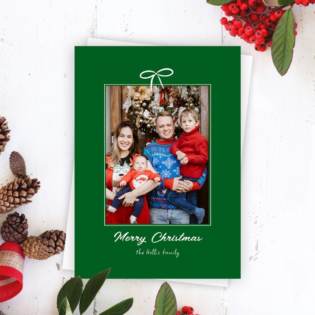 Cartes Pour Fêtes Annuelles Photo de Noël Festive Green et White Bow (Créateur téléchargé)