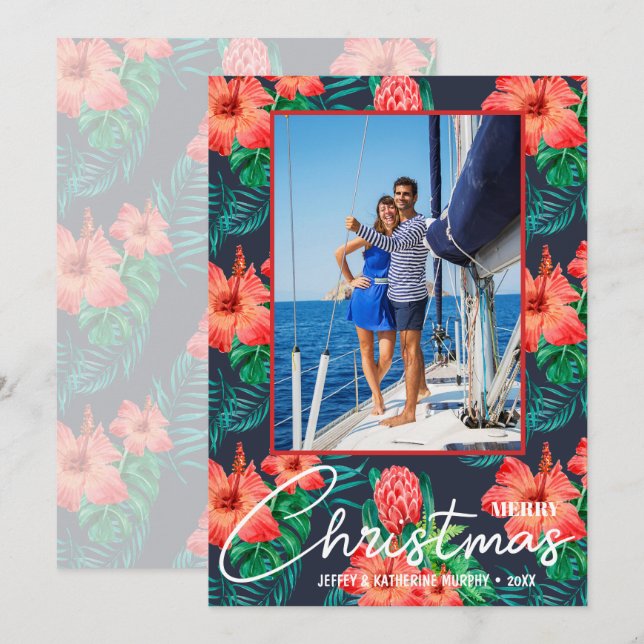 Cartes Pour Fêtes Annuelles Photo de Noël florale tropicale (Devant / Derrière)