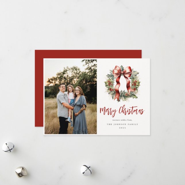 Cartes Pour Fêtes Annuelles Photo de Noël Holly Wreath (Devant/Arrière en situation)