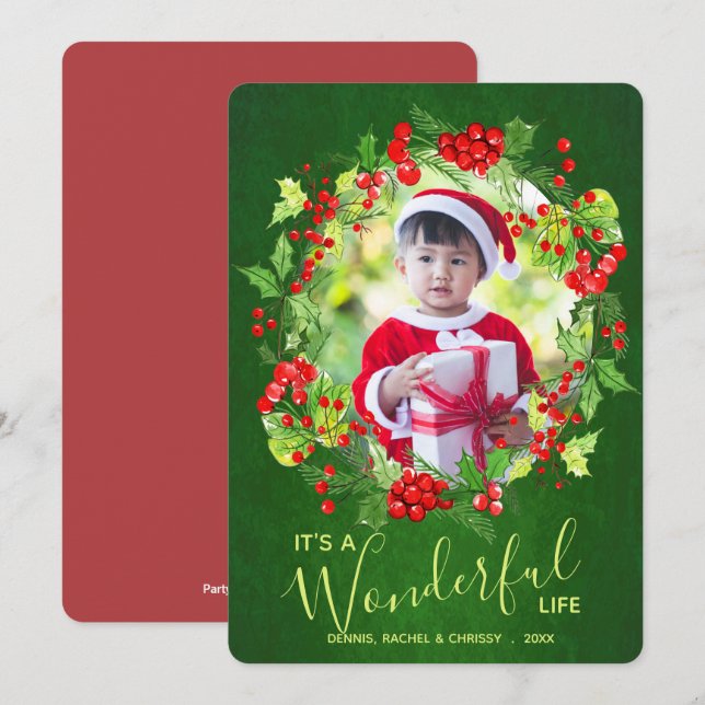 Cartes Pour Fêtes Annuelles Photo de Noël Holly Wreath (Devant / Derrière)