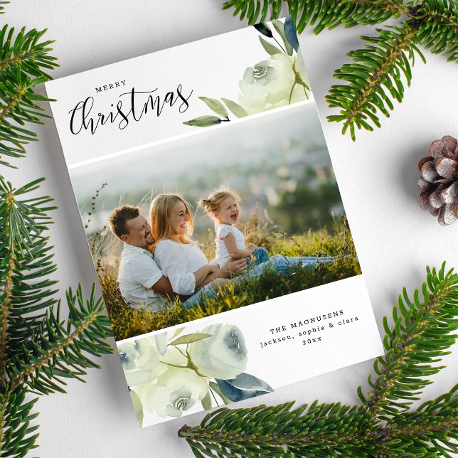 Cartes Pour Fêtes Annuelles Photo de Noël Jolie aquarelle Floral Bénéficié (Créateur téléchargé)