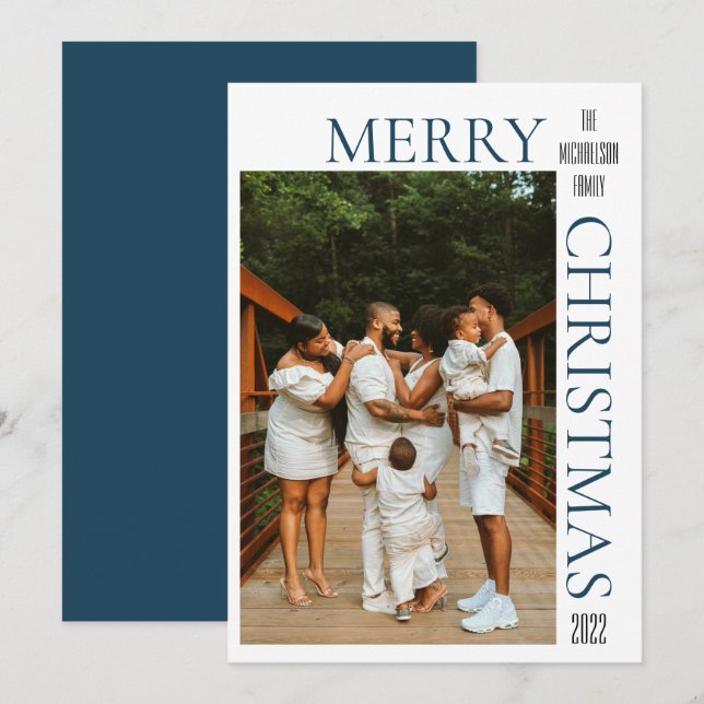 Cartes Pour Fêtes Annuelles Photo de Noël Joyeux bleu moderne (Devant / Derrière)
