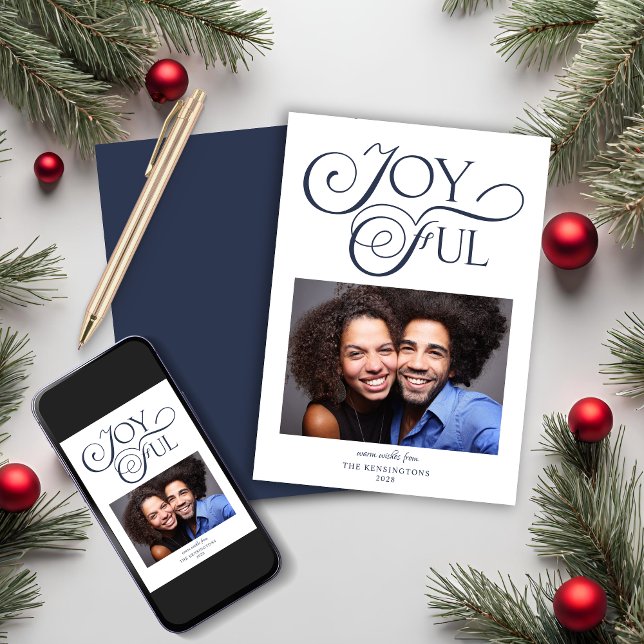 Cartes Pour Fêtes Annuelles Photo de Noël Joyeux de Noël bleu moderne (Modern Blue Christmas Joyful Christmas Photo Holiday Card)