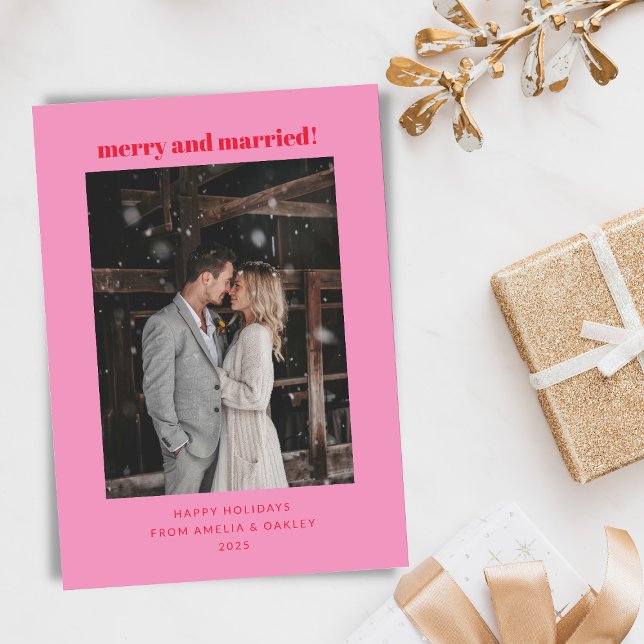 Cartes Pour Fêtes Annuelles Photo de Noël mariée rose et rouge moderne (Créateur téléchargé)