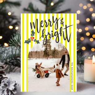 Cartes Pour Fêtes Annuelles Photo de Noël Merry & Bright à rayures jaunes