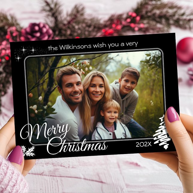 Cartes Pour Fêtes Annuelles Photo de Noël moderne Black Holiday Card (Modern Christmas Photo Black Personalized Custom Holiday Card)