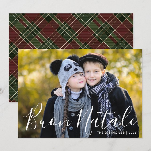 Cartes Pour Fêtes Annuelles Photo de Noël moderne Buon Natale Plaid (Devant / Derrière)