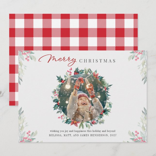 Cartes Pour Fêtes Annuelles Photo de Noël moderne En vichy Botanique (Devant / Derrière)
