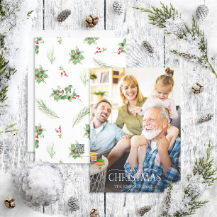 Cartes Pour Fêtes Annuelles Photo de Noël moderne Holly Berry Greenery Joyeux