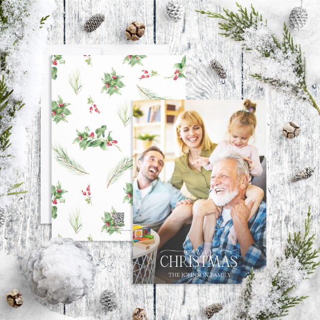 Cartes Pour Fêtes Annuelles Photo de Noël moderne Holly Berry Greenery Joyeux (Créateur téléchargé)