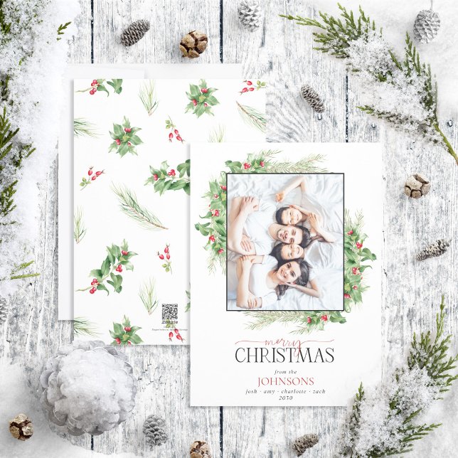 Cartes Pour Fêtes Annuelles Photo de Noël moderne Holly Berry Greenery Joyeux (Créateur téléchargé)