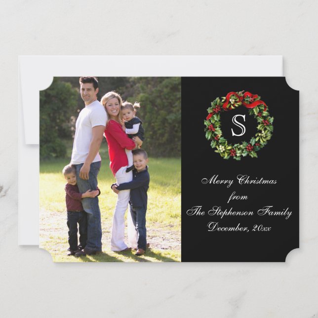 Cartes Pour Fêtes Annuelles Photo de Noël Monogram Holly Wreath (Devant)