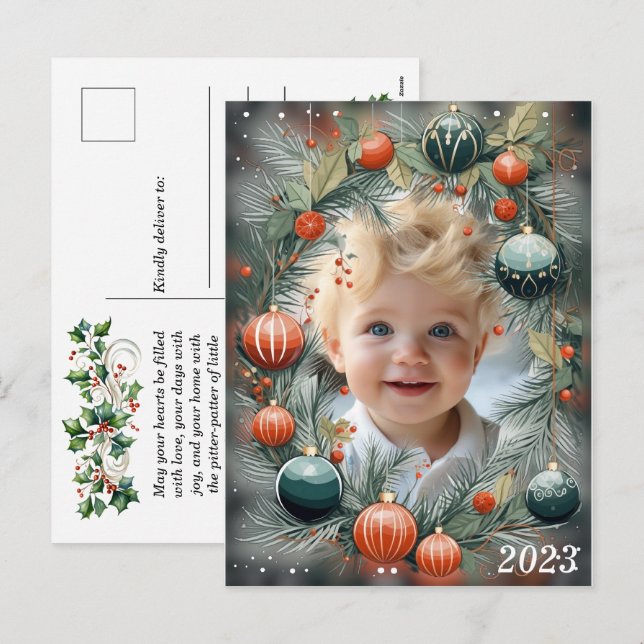 Cartes Pour Fêtes Annuelles Photo de Noël personnalisée verte de fête (Devant / Derrière)