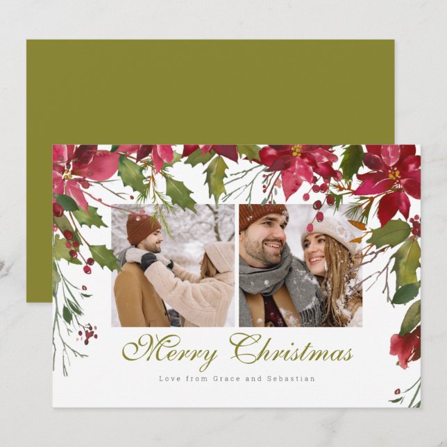 Cartes Pour Fêtes Annuelles Photo de Noël Poinsettia personnalisée (Devant / Derrière)