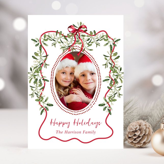 Cartes Pour Fêtes Annuelles Photo de Noël Red Wavy Frame Bow Green (Share the love and warmth of the holiday season with this personalized photo Christmas card)