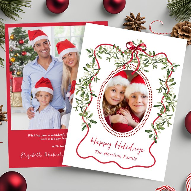 Cartes Pour Fêtes Annuelles Photo de Noël Red Wavy Frame Bow Green (Créateur téléchargé)