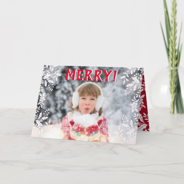 Cartes Pour Fêtes Annuelles Photo de Noël Rouge, Blanc, Holly, Festif (Devant)